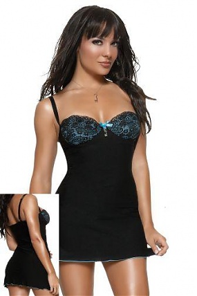 Microfibre Chemise & G-String Black/blue Med